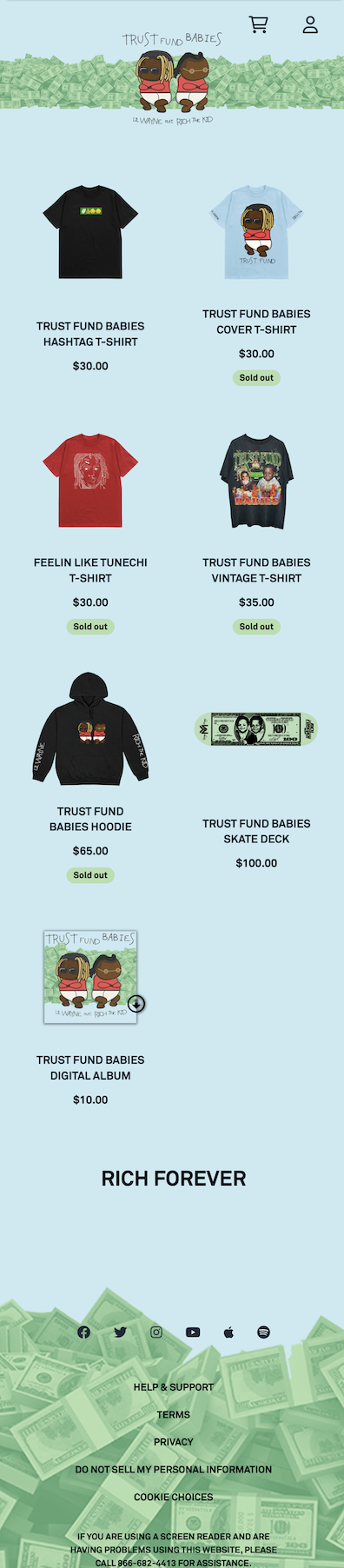 Rich The Kid Shopify storefront – mobile view from internship period