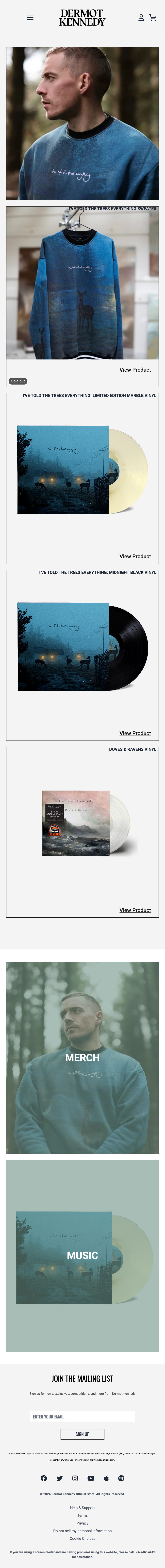 Dermot Kennedy Shopify storefront – mobile layout during internship