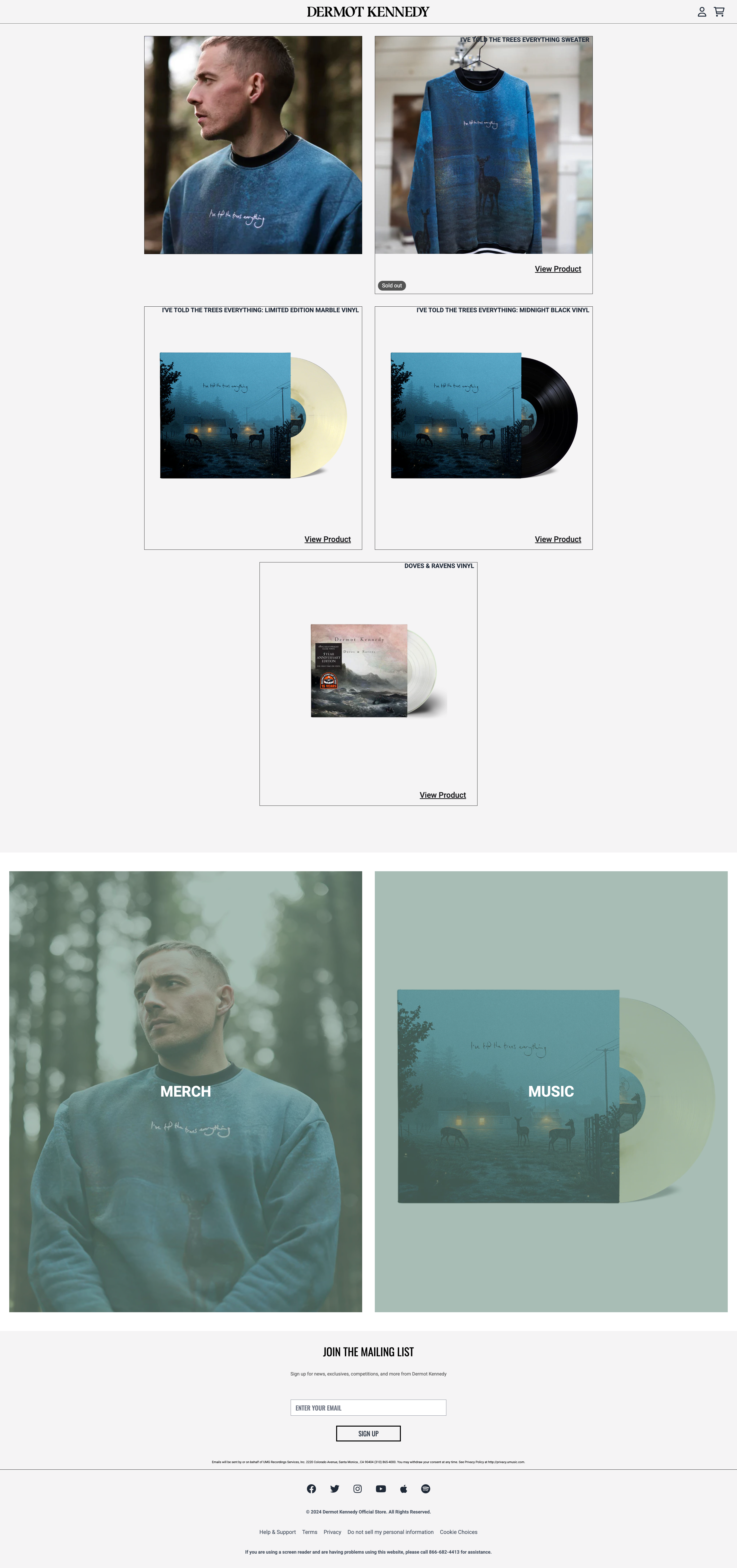 Dermot Kennedy Shopify storefront – desktop layout during internship