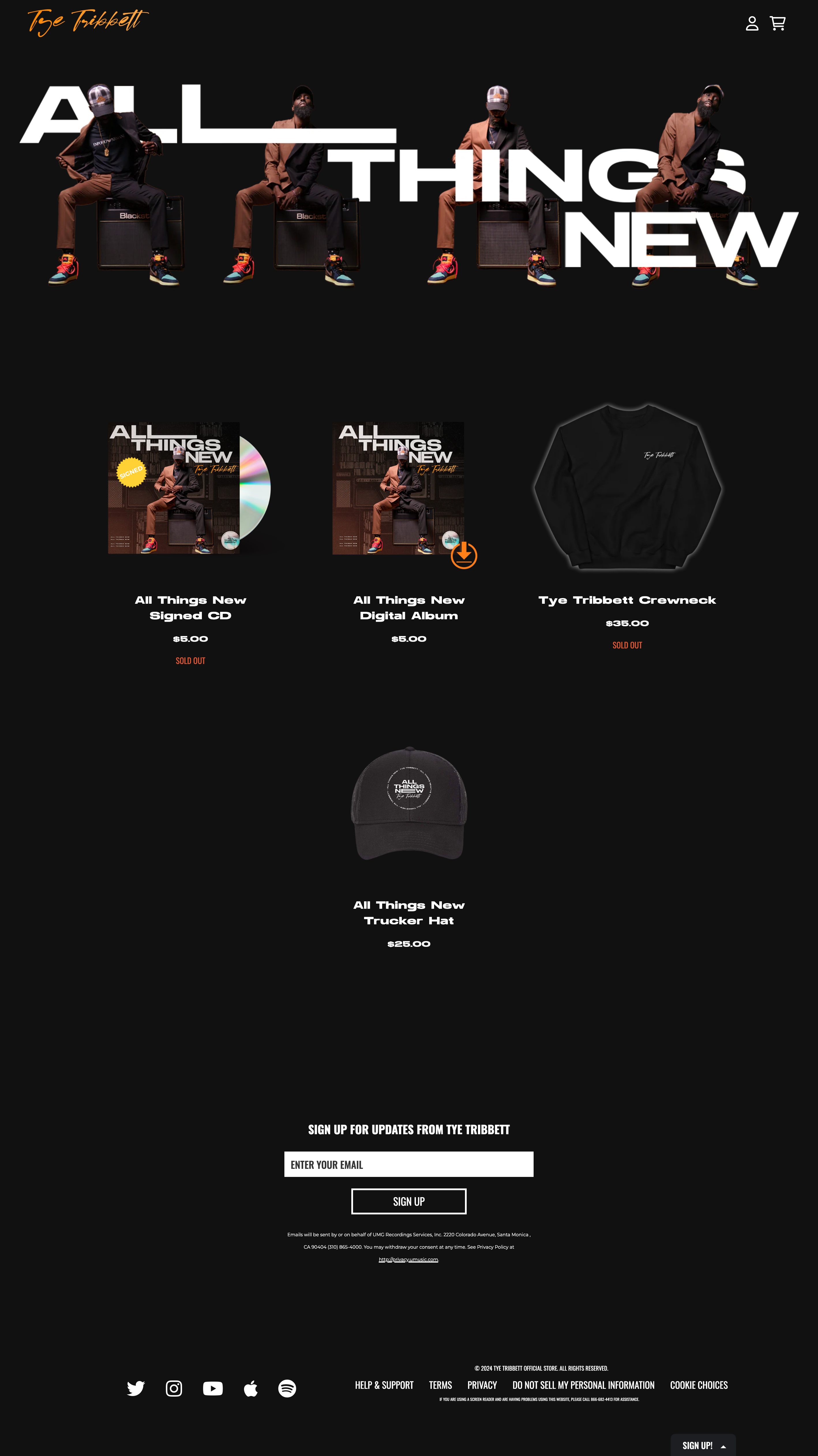 Tye Tribbett Shopify storefront – desktop layout during internship